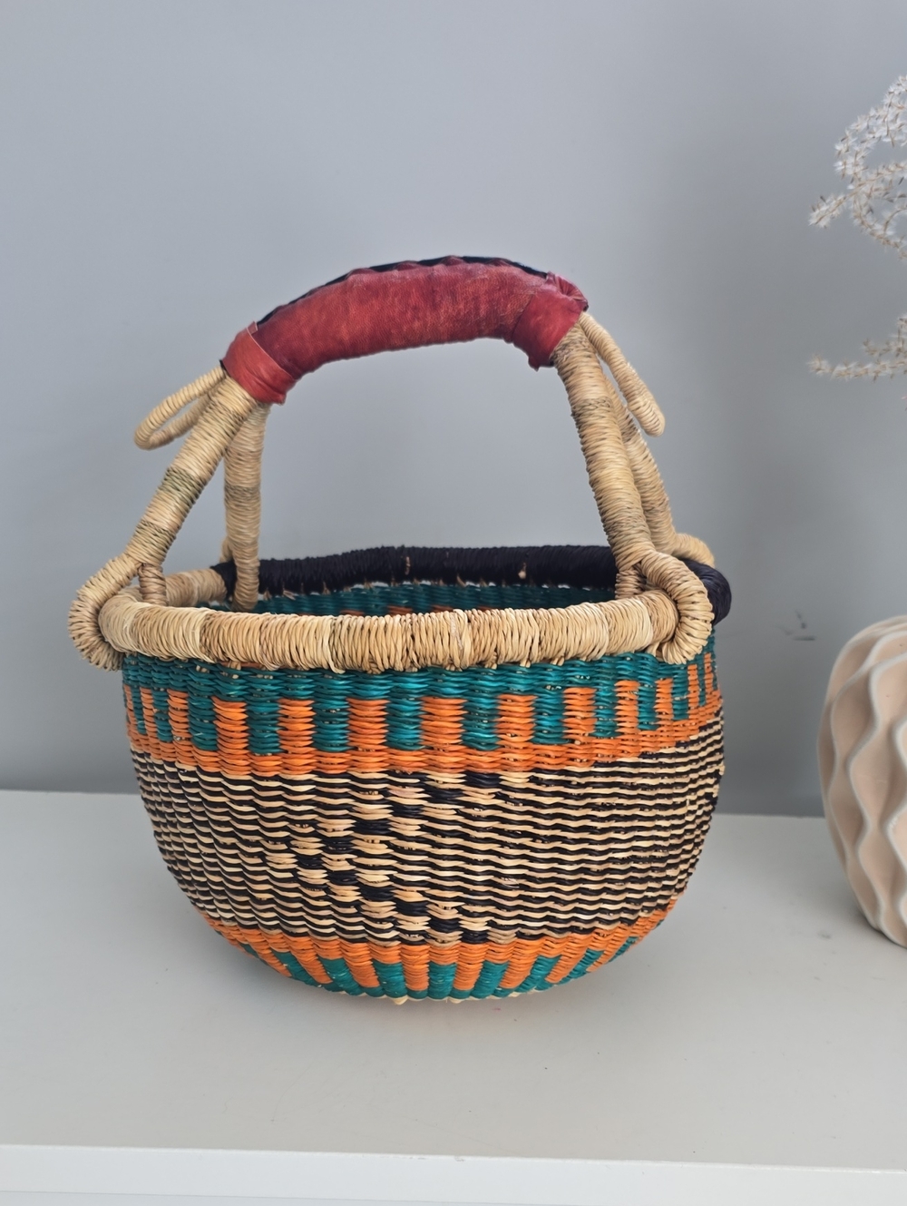 Small Handmade Woven Basket with Leather